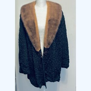 Vintage Black Lined Ribbon Design Jacket With Tan Mink Large Fur Collar- XL